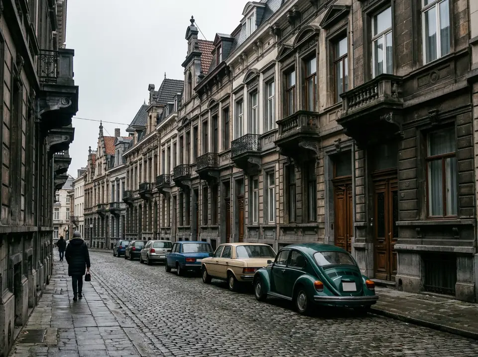 Régi, díszes homlokzatú belvárosi házak sora, előttük az út szélén parkoló autók