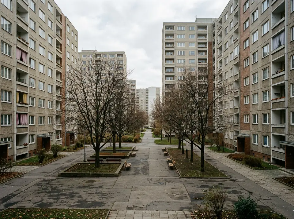 Panelházak közötti csendes, burkolt udvar lombtalan fákkal és padokkal
